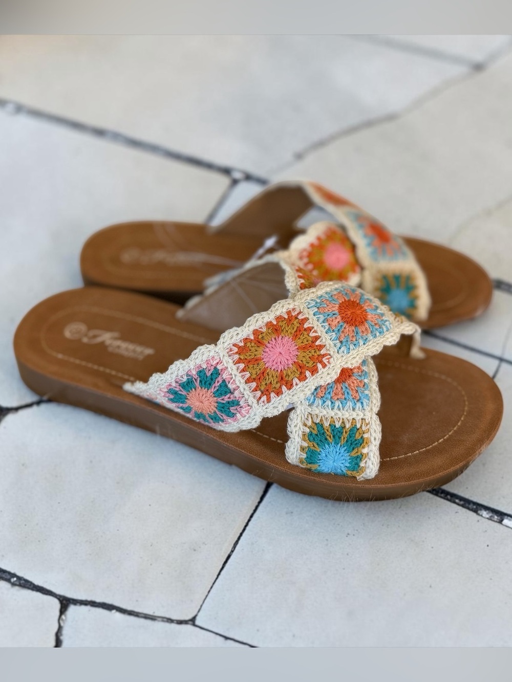 Crochet Patchwork Thong Sandals — Multicolor